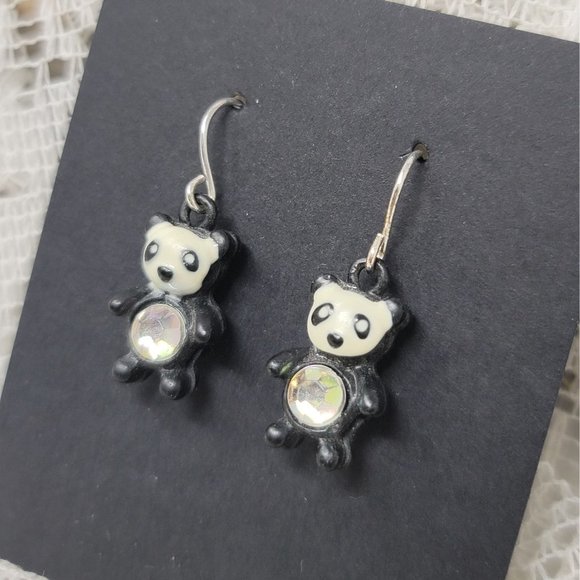 Cute Panda Bear Earrings Rhinestone Belly Pierced - Picture 2 of 5